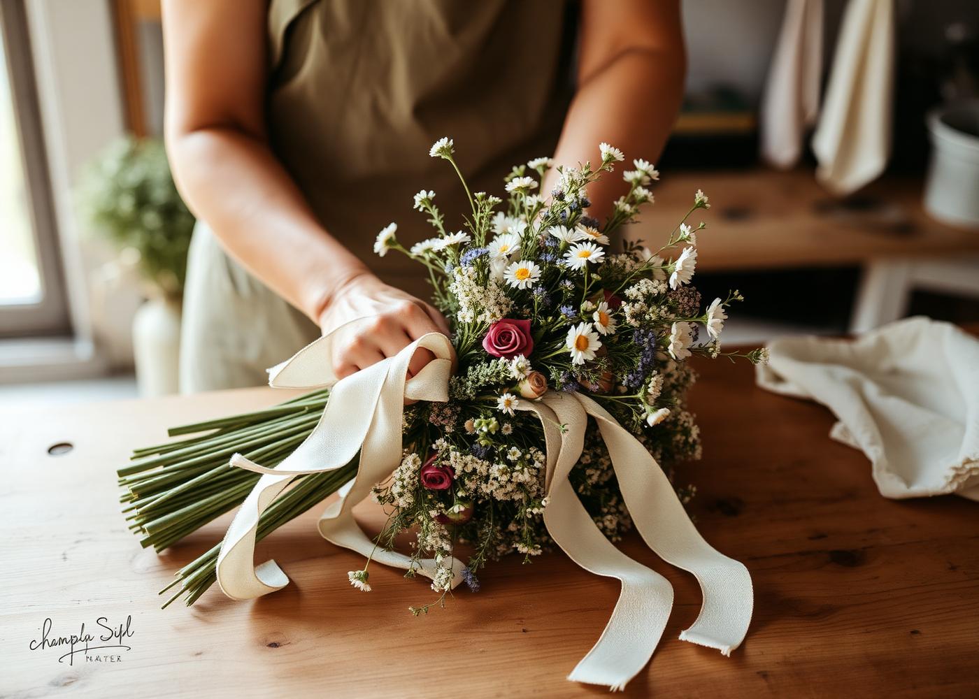 Manos de florista atando un ramo artesanal
